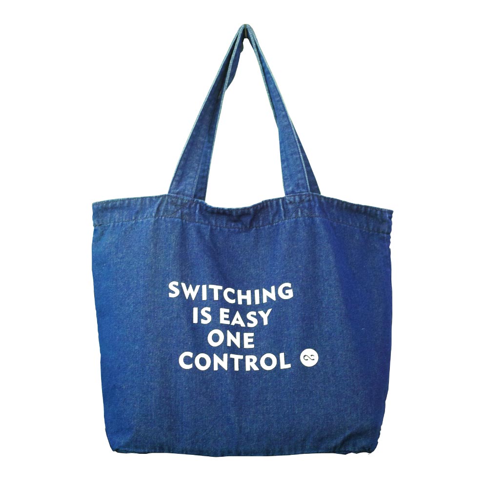 One Control Switching is Easy プリント ダークブルーデニム トートバッグ