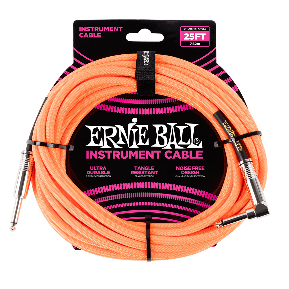 ERNIE BALL ＃6067 25ft Braided Cables Neon Orange ギターケーブル