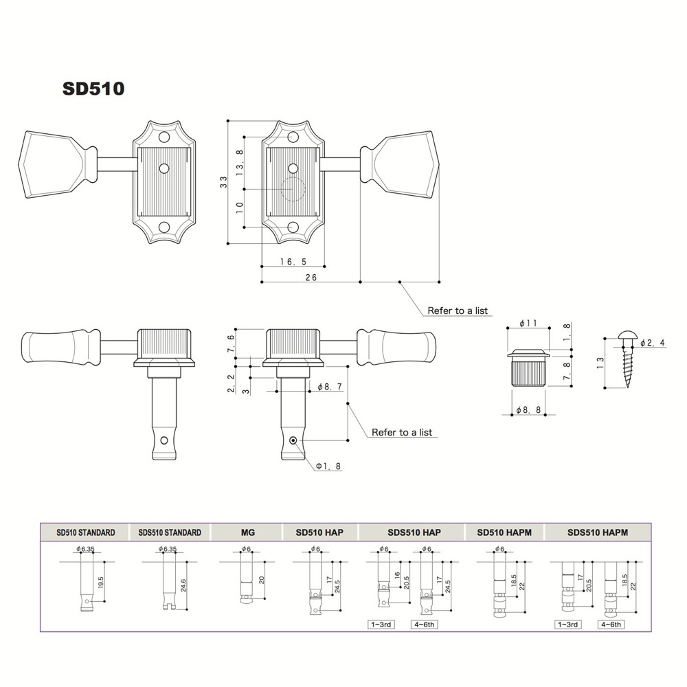 GOTOH SD510MG-P5R CK/L3+R3 ギターペグ サイズ詳細の画像