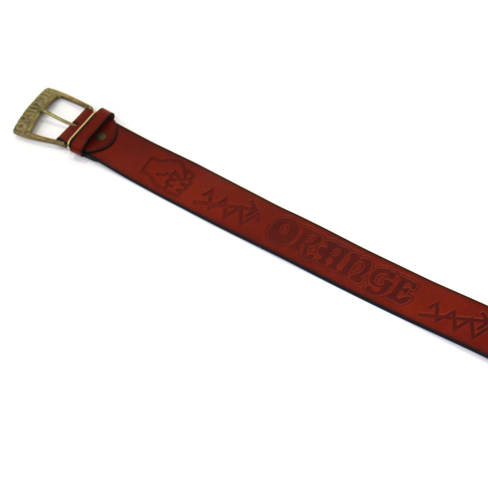 ORANGE MER004 Embossed Genuine Leather Belt BR ロゴ入り レザーベルト ブラウン バックル部　ロゴ部