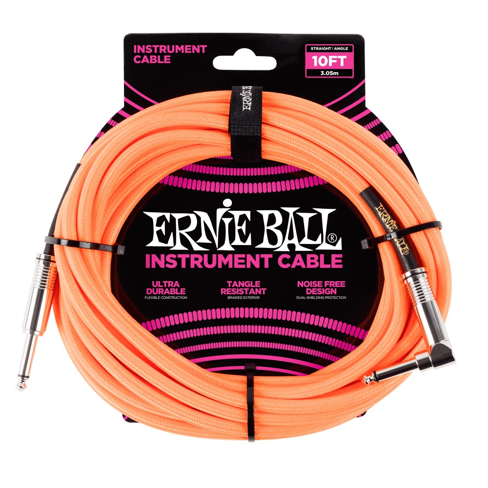 ERNIE BALL 6079 10’ Braided Straight Angle Instrument Cable Neon Orange ギターケーブル