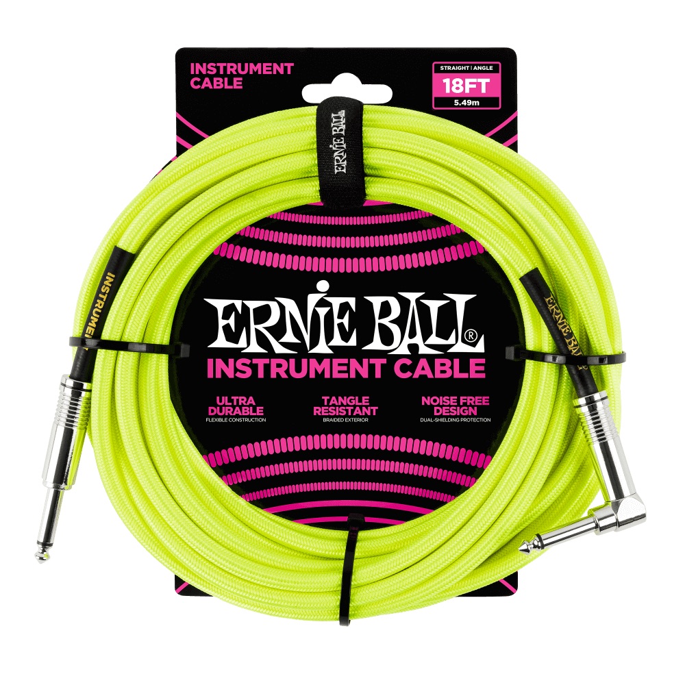 ERNIE BALL 6085 18’ Braided Straight Angle Instrument Cable Neon Yellow ギターケーブル