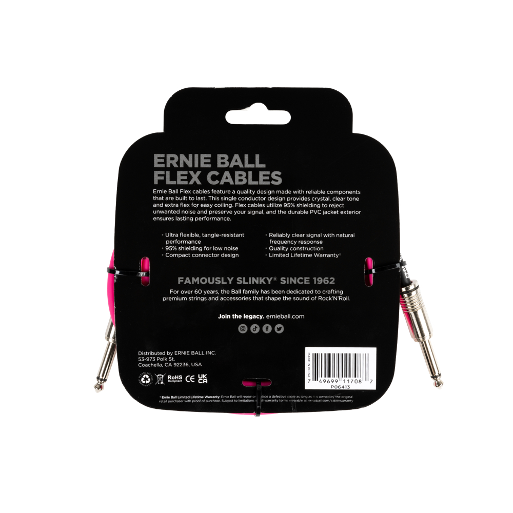 ERNIE BALL アニーボール EB 6413 FLEX CABLE 10’ SS  PK 10フィート（約3メートル） 両側ストレートプラグ ピンク ギターケーブル パッケージ裏