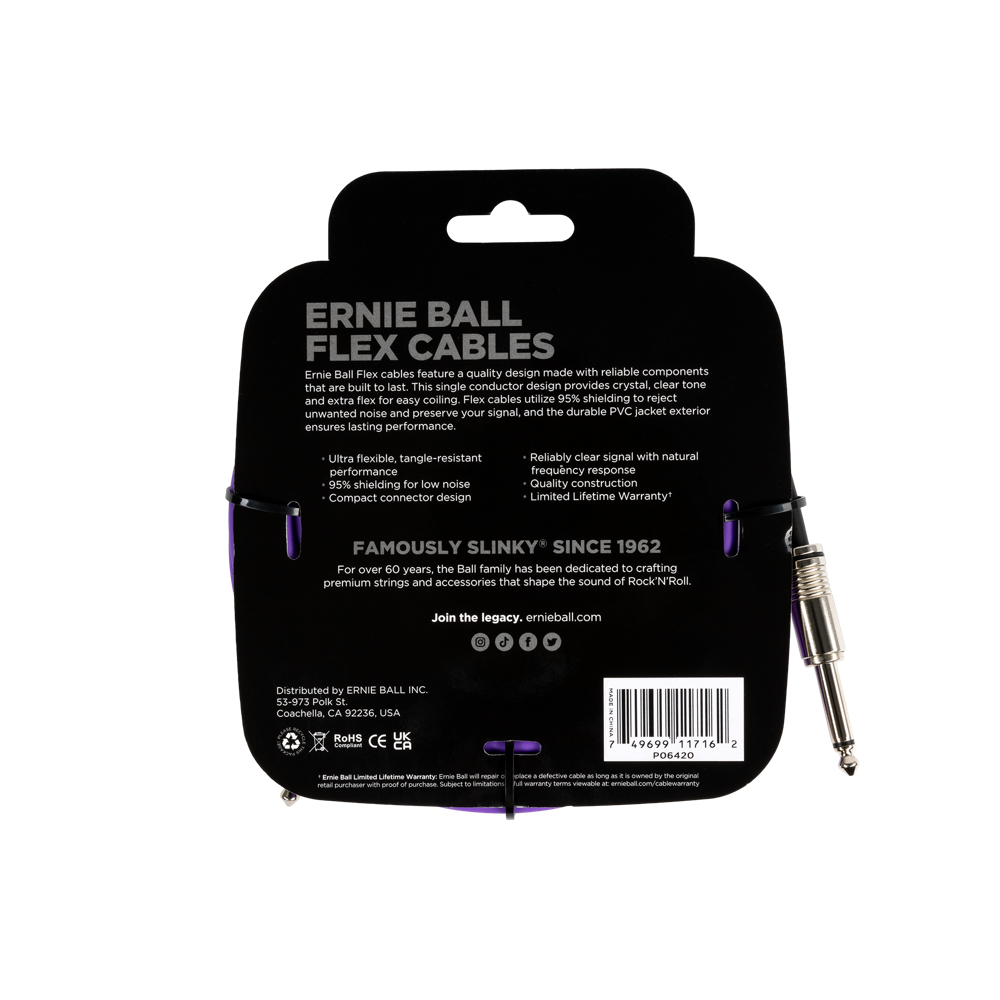 ERNIE BALL アニーボール EB 6420 FLEX CABLE 20’ SS  PR 20フィート（約6メートル） 両側ストレートプラグ パープル ギターケーブル パッケージ裏