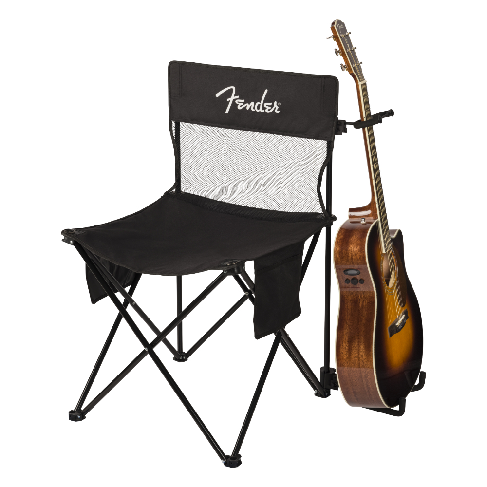 Fender フェンダー Festival Chair/Stand キャンピングチェア ギタースタンド用アタッチメント付き 斜めアングル使用例画像