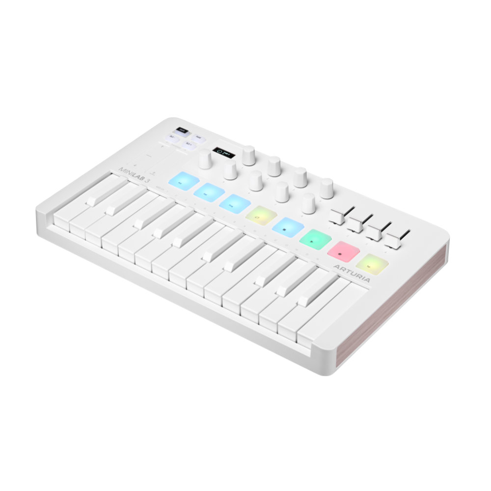 USB MIDIキーボード 25鍵 ARTURIA MiniLab 3 Alpine White パッド コントローラー 【Analog Lab Intro他バンドルソフト付き】 サイドから正面