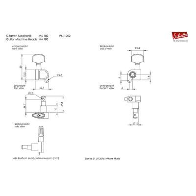 SCHALLER M6 180 GO 3L3R Machine Heads ギター用ペグ 6個セット 寸法図