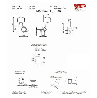SCHALLER M6 mini BC 3L3R ギター用ペグ 6個セット 寸法図