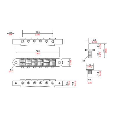 TonePros T3BP-SN Standard Tuneomatic サテンニッケル ギター用ブリッジ 寸法図