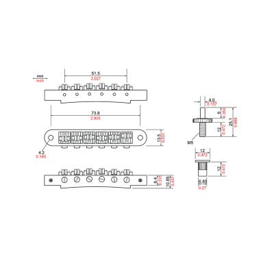 TonePros TP6R-B Standard Tuneomatic small posts Roller saddles ブラック ギター用ブリッジ 寸法図