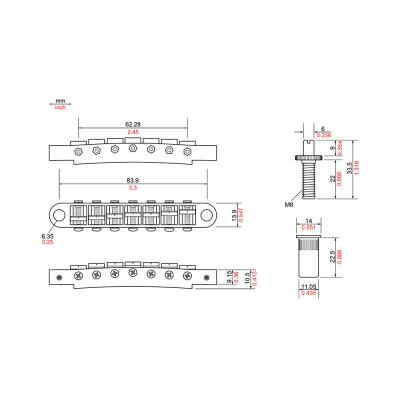 TonePros TP7-C 7 String Metric Tuneomatic Large Posts クローム ギター用ブリッジ 寸法図