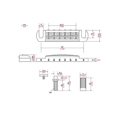 TonePros AVT2M-N Wraparound Set w/MSPRS Locking Studs ニッケル ギター用ブリッジ 寸法図