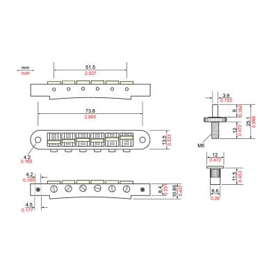 TonePros TP6G-B Standard Tuneomatic small posts, notched “G Formula” saddles ブラック ギター用ブリッジ サイズ寸法画像