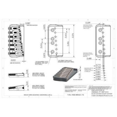 HIPSHOT 7 String Fixed Guitar Bridge Chrome 0.175 7弦ギター用ブリッジ サイズ表