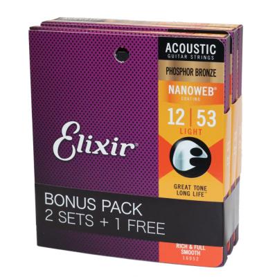 ELIXIR 16052 BonusPack (2+1FREE) NANOWEB PHOSPHOR BRONZE LIGHT 12-53 アコースティックギター弦 3セットボーナスパック
