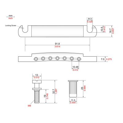 TonePros トーンプロズ T7Z-B 7String Metric Tailpiece ブラック ミリ規格 7弦ギター用テールピースセット スタッド&アンカー 7弦ギター用テールピースセット 図面 画像