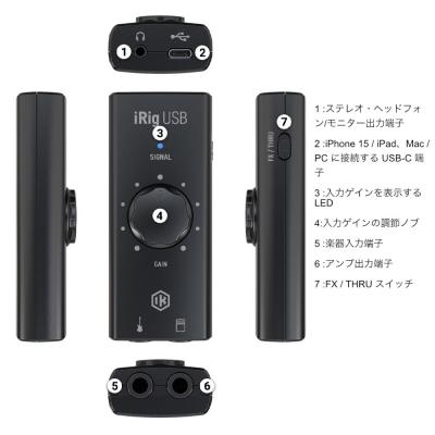 IK Multimedia アイケーマルチメディア iRig USB ギター/ベース USB-C対応 モバイル オーディオインターフェイス 正規輸入品 部位説明画像