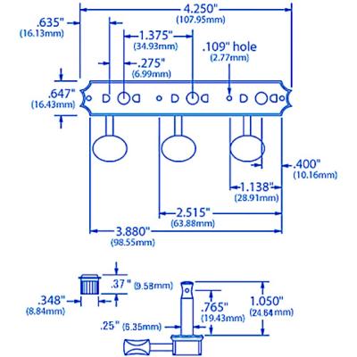 Birdland バードランド Original 119-04-005 3連ペグ メタルノブ ブラス サイズ画像