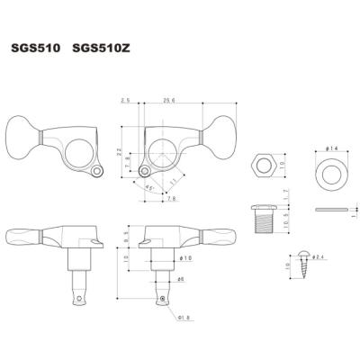 ゴトー GOTOH SGS510Z-S5-L6-Gold ギター用ペグ サイズ詳細