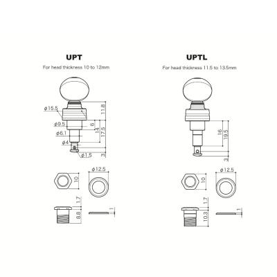 ゴトー GOTOH UPT-UB8-CW ウクレレ用ペグ クロームホワイト ギアペグ サイズ詳細