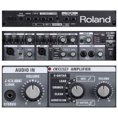 ギターアンプ ボーカルアンプ ローランド ROLAND CUBE Street EX BK 乾電池駆動可能 ステレオ ポータブルアンプ マイクスピーカー 端子、コントロール部詳細