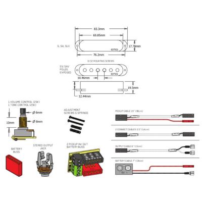 EMG SA (EMG-SA) 単体 BLACK エレキギター用 アクティブ シングルピックアップ 寸法図