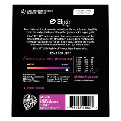ELIXIR エリクサー 21002 ACOUSTIC ATTUNE 10-47 Phosphor Bronze Extra Light アコースティックギター弦×2セット バック画像