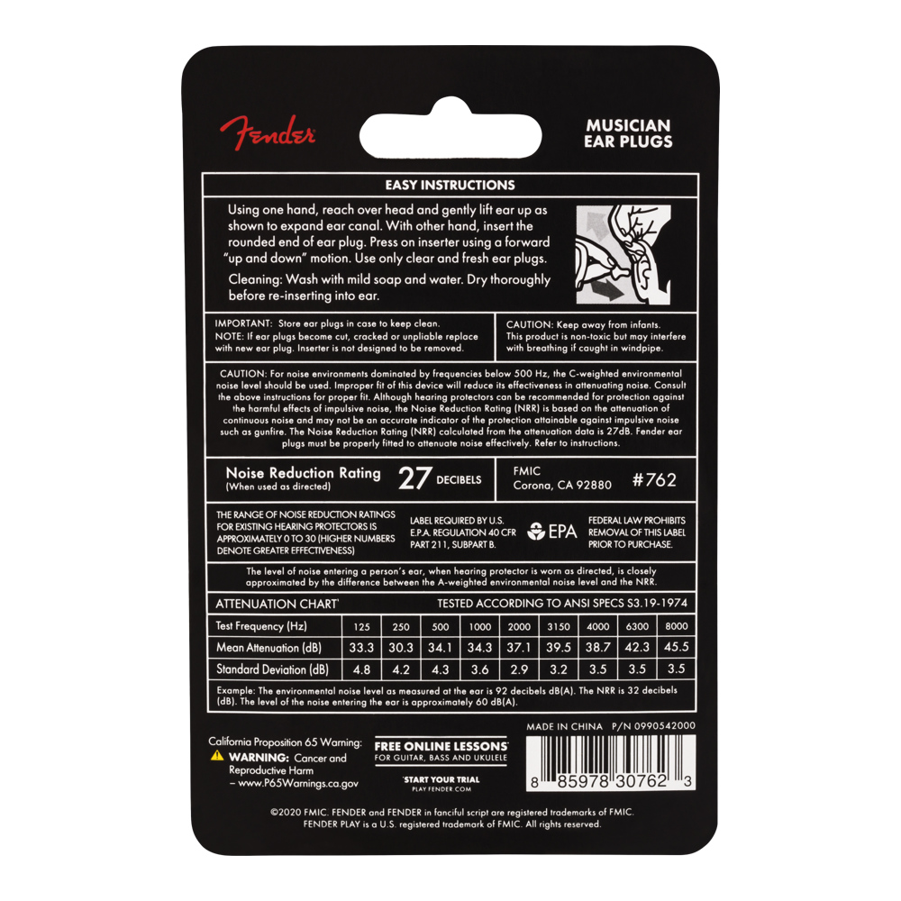 Fender Musician Series Ear Plugs Black イヤープラグ 耳栓 パッケージ裏画像