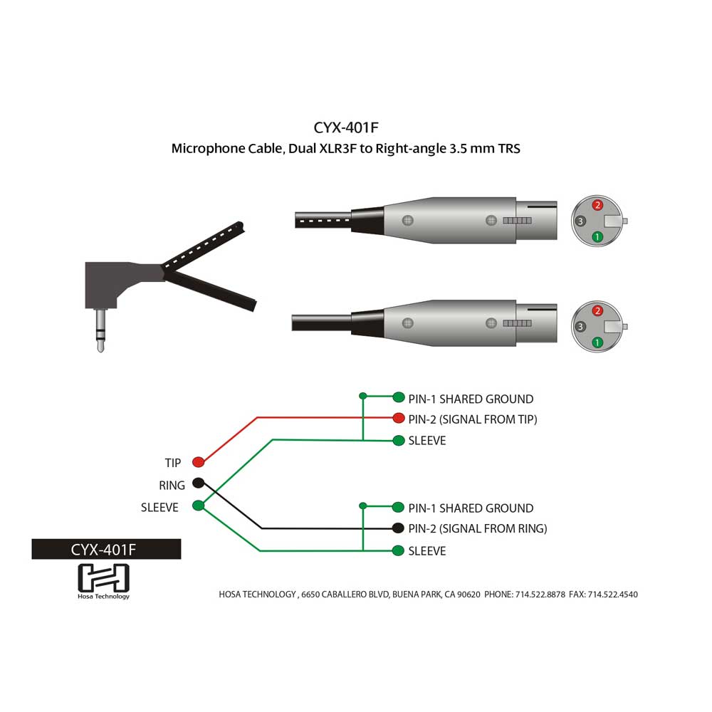 Hosa CYX-401F 30cm L型ステレオミニオス-XLRキャノンメスx2 マイクケーブル 配線図 画像