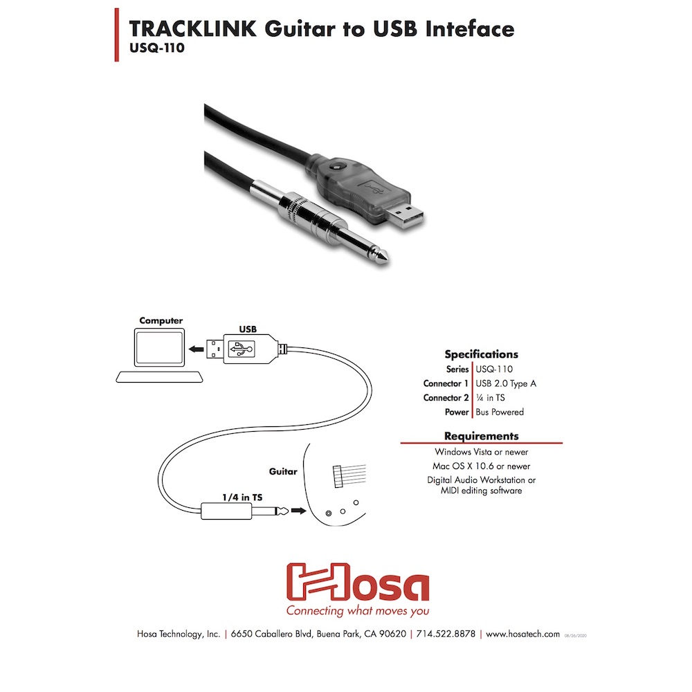 Hosa USQ-110 3m TRACKLINK USBインターフェイス モノラルフォンオス-USBタイプA 配線図画像