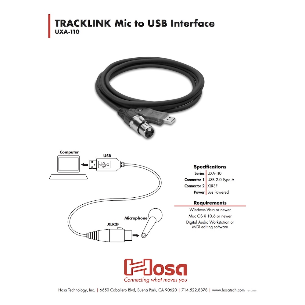Hosa UXA-110 3m TRACKLINK USBインターフェイス XLRキャノンメス-USBタイプA ケーブル詳細画像