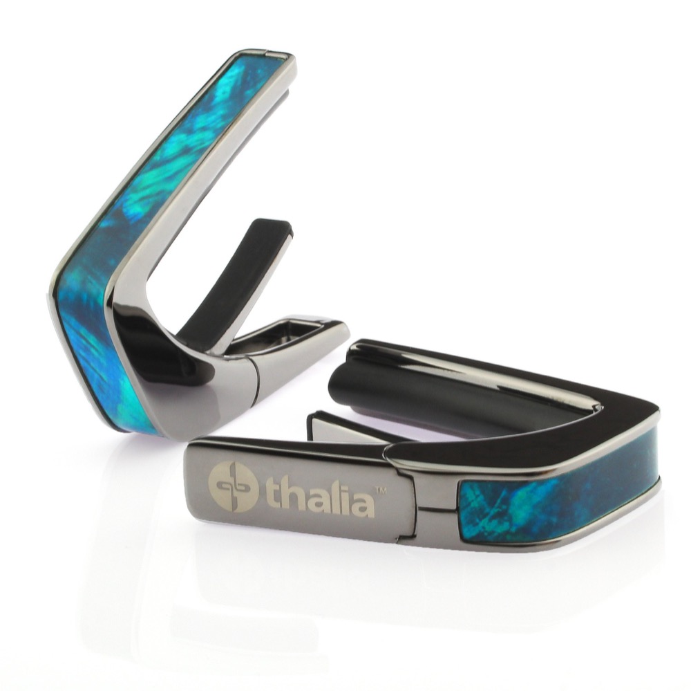 Thalia Capo 200 in Black Chrome Finish with Teal Angel Wing Inlay カポタスト