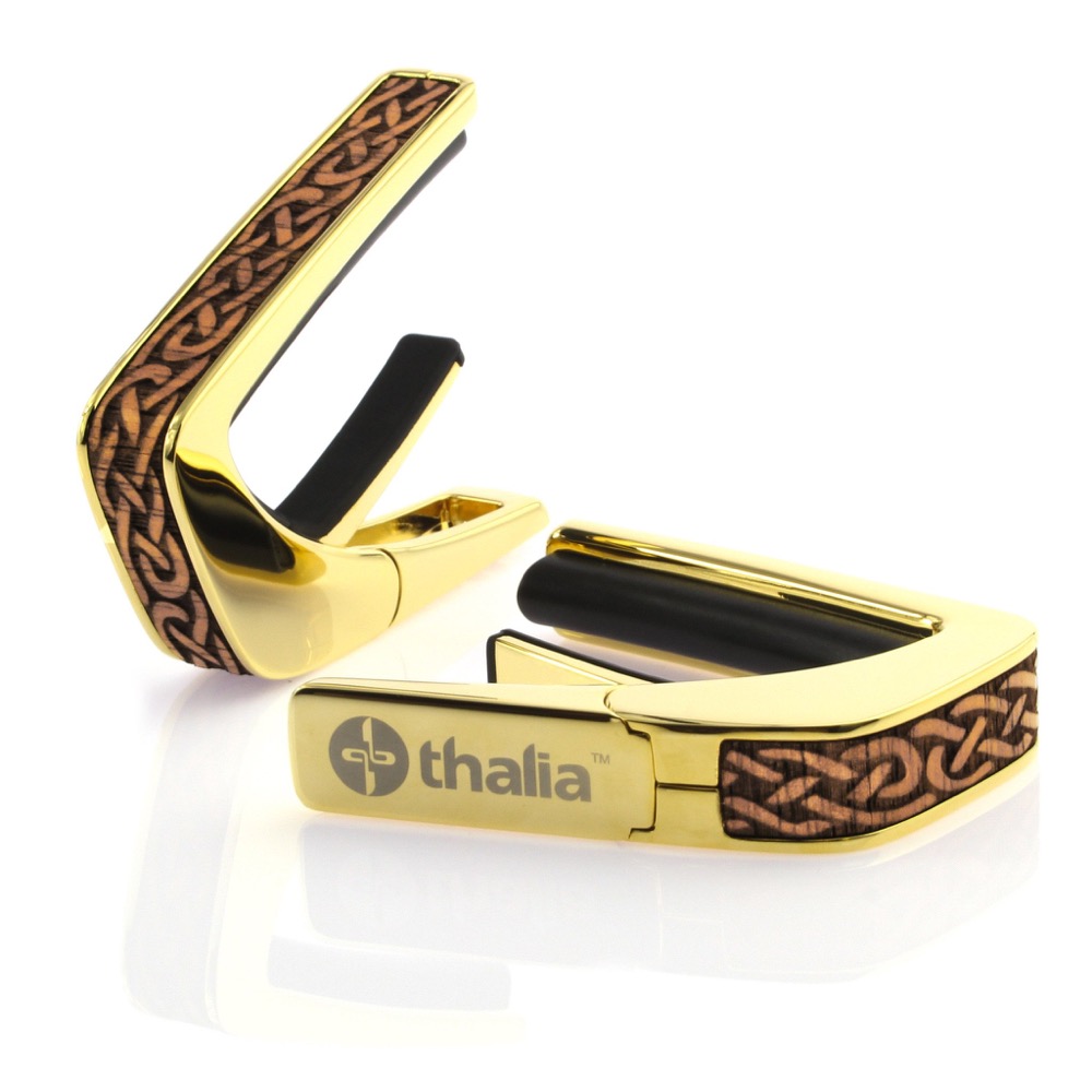 Thalia Capo 200 in 24k Gold Finish with Hawaiian Koa Celtic Knot Engraved Inlay カポタスト