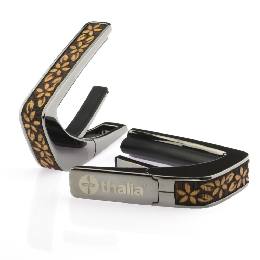 Thalia Capo 200 in Black Chrome Finish with Hawaiian Koa Plumeria Lei Engraved Inlay カポタスト