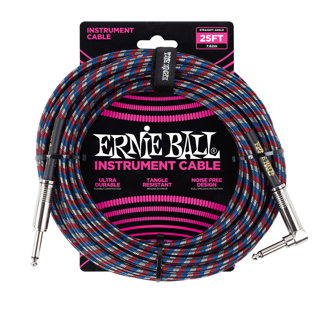 ERNIE BALL #6063 25ft Braided Cables Black / Red / Blue / White ギターケーブル