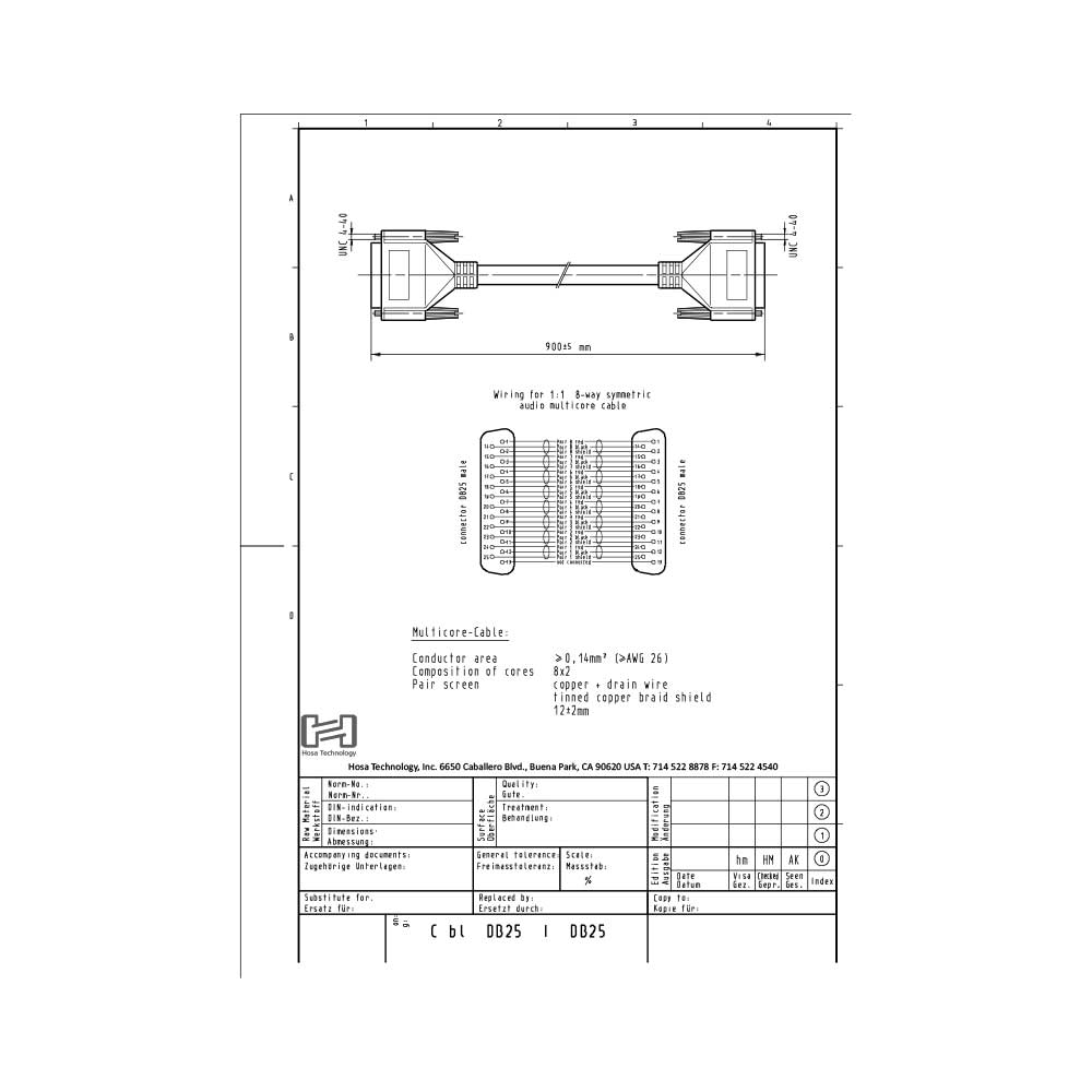 Hosa DBD-303 91cm Dsub25ピン-Dsub25ピン マルチケーブル 配線図 画像