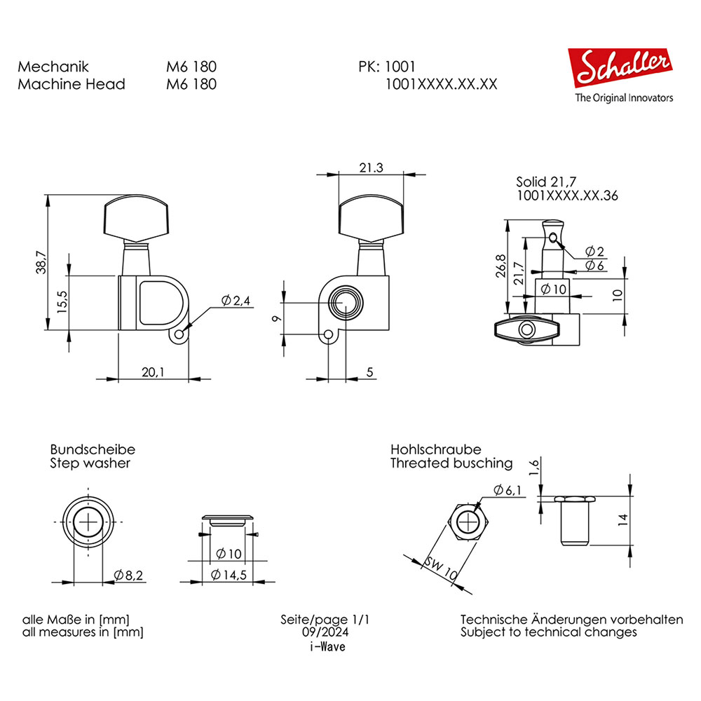 SCHALLER M6 180 BC 3L3R Machine Heads ギター用ペグ 6個セット 寸法図
