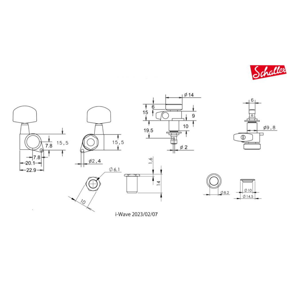 SCHALLER M6 135 Locking CH Small Button 4L2R ギター用ペグ 6個セット 寸法図画像