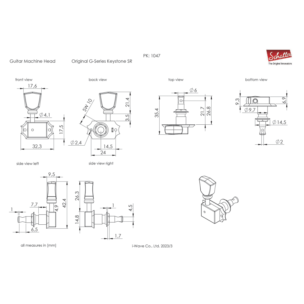 SCHALLER ST-6K SR Gibson-GO 3L3R ギター用ペグ 6個セット サイズ画像