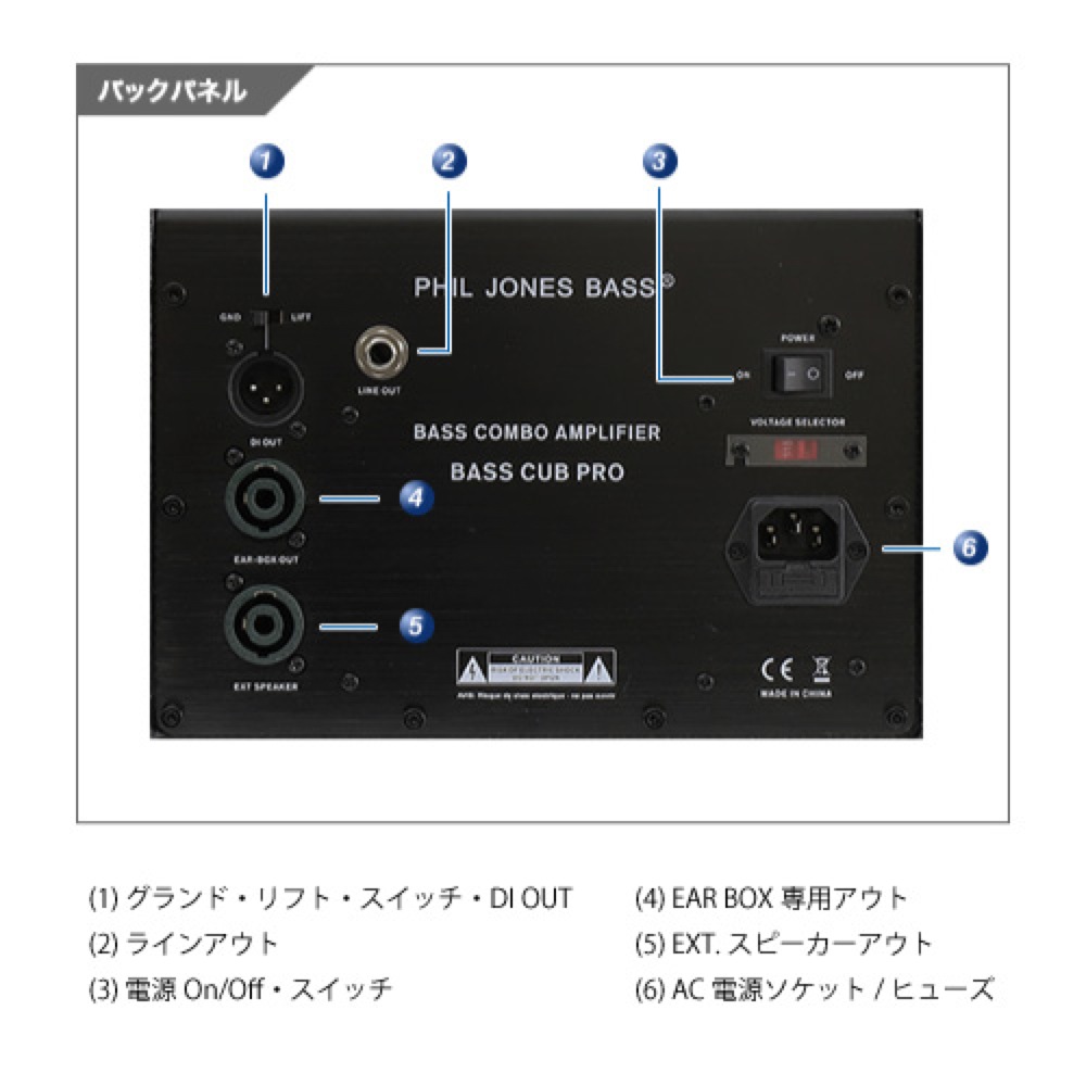 PHIL JONES BASS Bass CUB Pro RED ベースアンプ バックパネル・各部名称