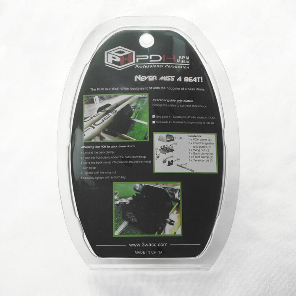 PDH Drum stick holder SW-DSB-308 ドラムスティックホルダー （5A/7A対応) ブリスターパックに入った画像 使用方法