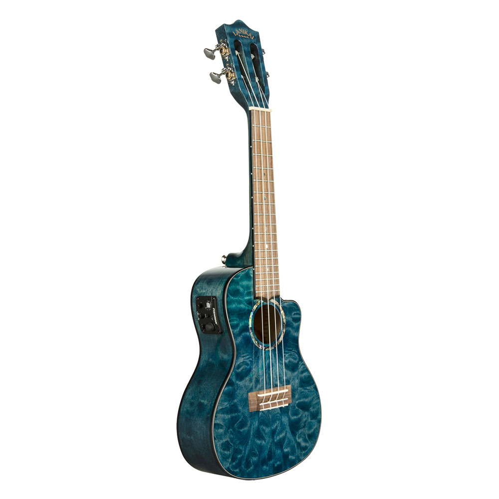 LANIKAI QM-BLCEC Quilted Maple Blue Stain Concert A/E Ukulele エレクトリック コンサートウクレレ ラニカイ 斜めからのアングル プリアンプ部