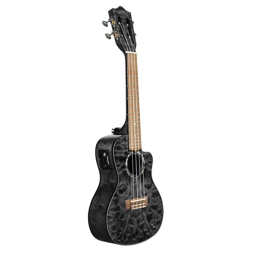 LANIKAI QM-BKCEC Quilted Maple Black Stain Concert A/E Ukulele エレクトリック コンサートウクレレ ラニカイ 斜めからのアングル プリアンプ部