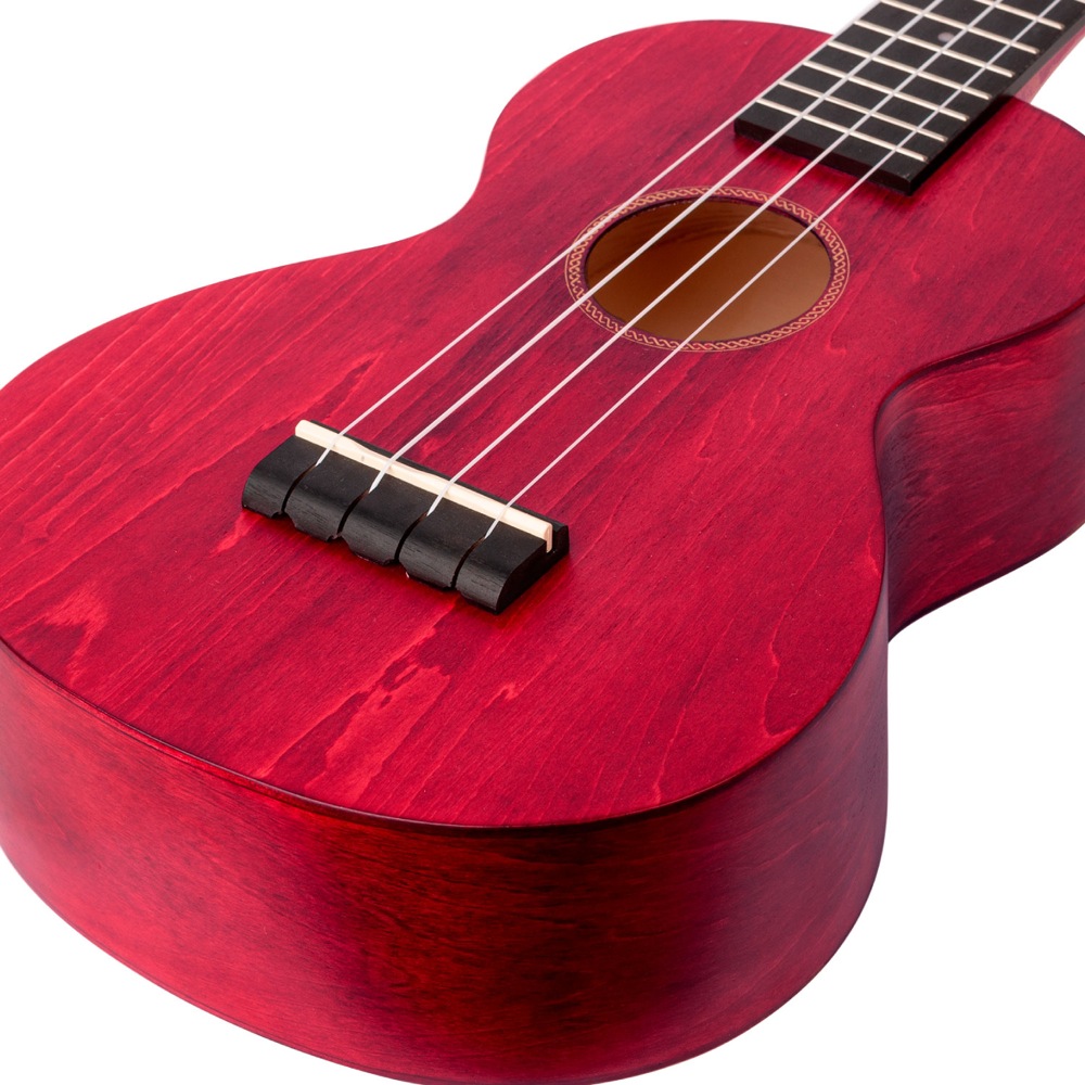 MAHALO ML2CR Cherry Red コンサートウクレレ ボディアップ斜めアングル画像