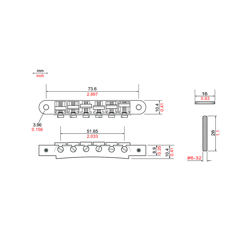 TonePros AVR2-SN Replacement ABR-1 Tuneomatic サテンニッケル ギター用ブリッジ 寸法図