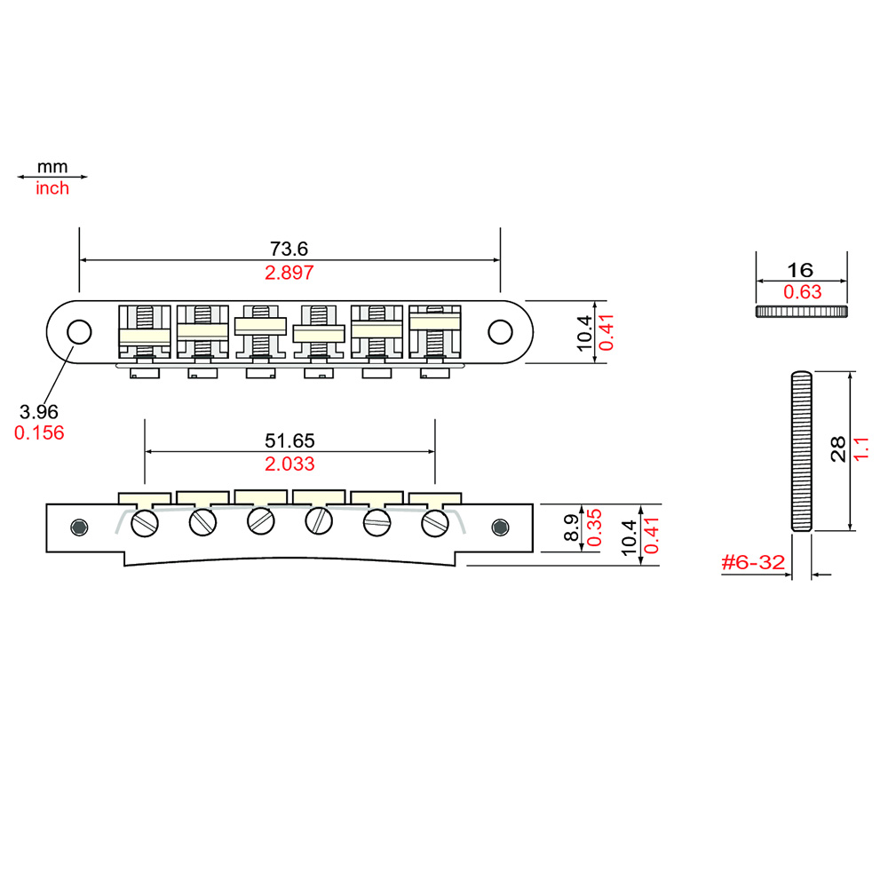 TonePros AVR2G-C Replacement ABR-1 Tuneomatic with G Formula saddles クローム ギター用ブリッジ 寸法図