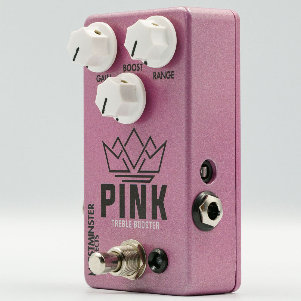 Westminster Effects WE-PTB Pink Treble Booster ブースター ギターエフェクター 入出力端子部画像 斜めからのアングル ノブ部
