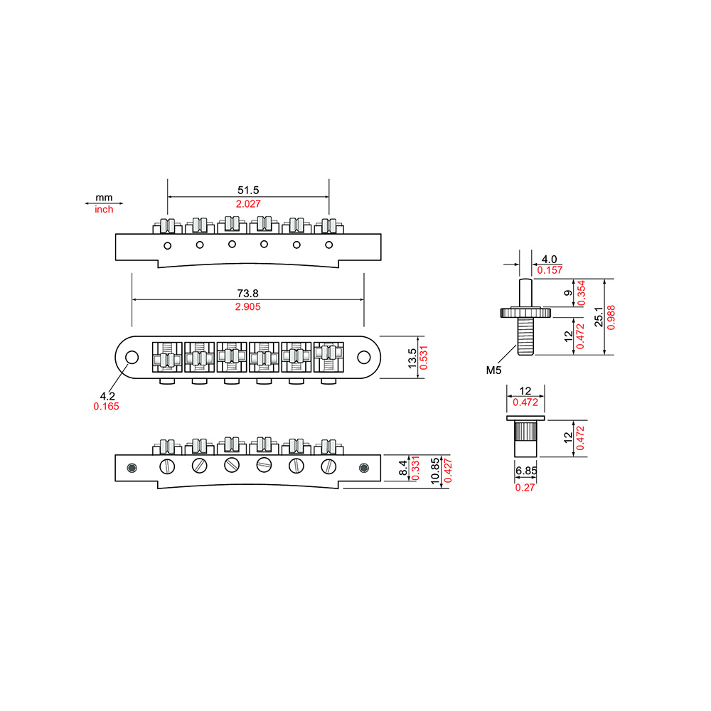 TonePros TP6R-N Standard Tuneomatic small posts Roller saddles ニッケル ギター用ブリッジ 寸法図