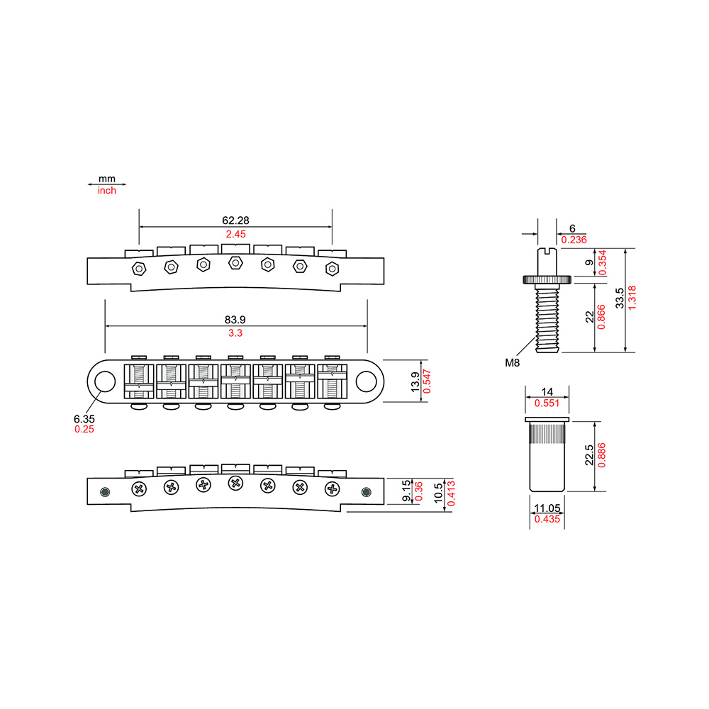 TonePros TP7-SC 7 String Metric Tuneomatic Large Posts サテンクローム ギター用ブリッジ 寸法図