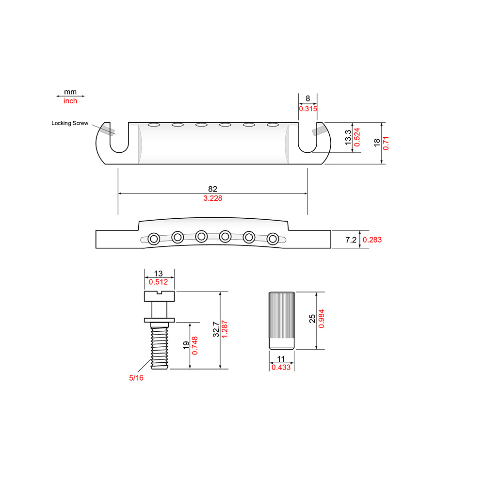 TonePros T1ZS-G Standard Tailpiece ゴールド ギター用テールピース 寸法図